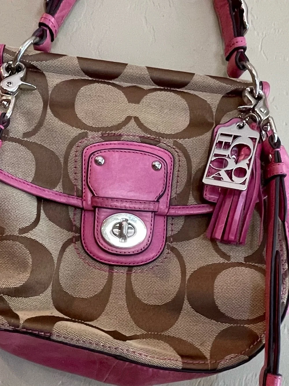 Coach Pink 70th anniversary Signature Canvas leather Crossbody Stripe Lining